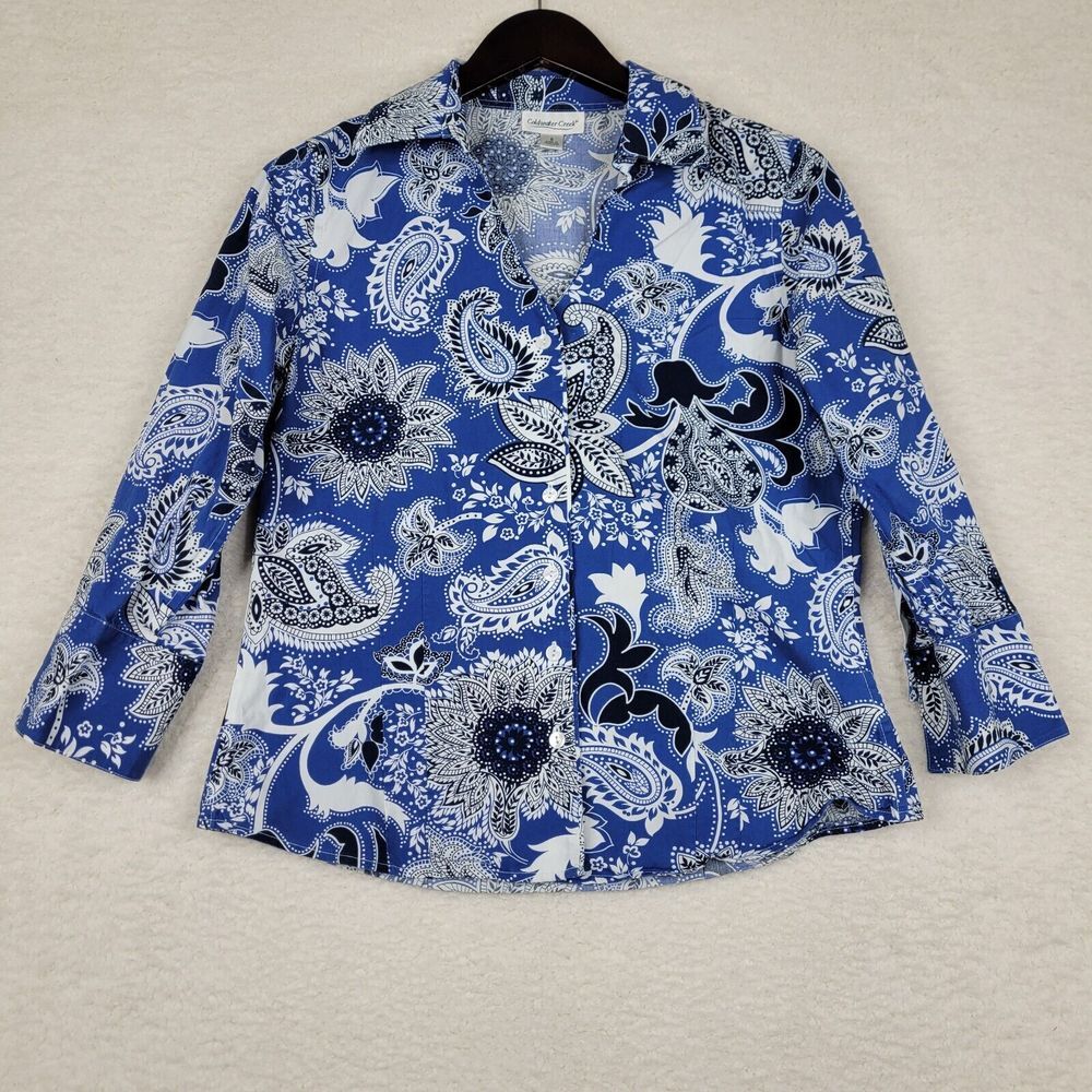 Coldwater Creek Shirt Womens Small Blue‎ Floral Long Sleeve Button Up